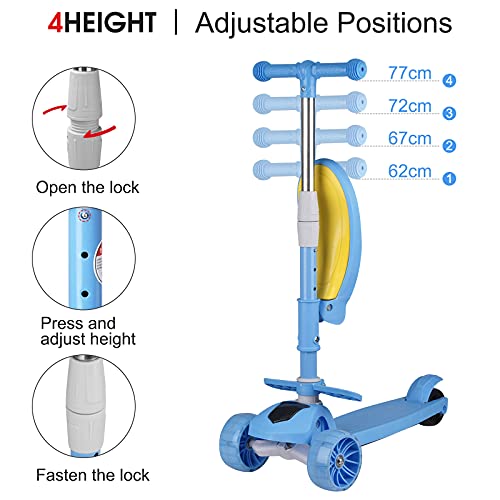 Vinteky 2 en 1 Patinete de 3 Ruedas de LED Luces para Niños de 2-8 Años Scooter Plegable Patinete Infantil Manillar Altura Ajustable (Azul)