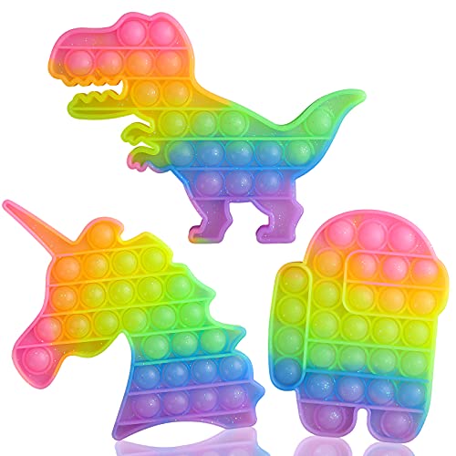 VOFOLEN 3 Pizzas Pop Push It Bubble Juguete sensorial Fidget, Juguetes antiestrés para apretar arcoíris para niños, Dinosaurio de Caramelo, Robot y Unicornio