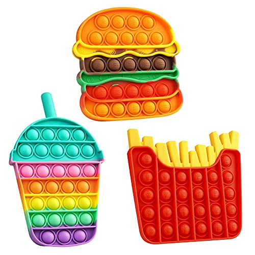 VOFOLEN 3 Pizzas Pop Push It Bubble Juguete sensorial Fidget, Push Antiestrés Rainbow Squeeze Juguetes Silencioso Aula Lógica Juguetes de Entrenamiento para bebés, Hamburguesas, Papas Fritas y Crema