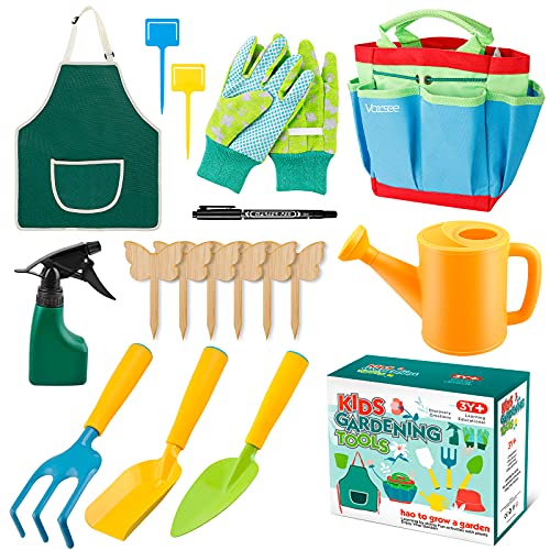 Vorsee Kit de Jardinería para Niños, 22 Piezas Herramientas de Jardinería con Bolsa, Regadera, Delantal, Paleta de Mano, Pala, Rastrillo, Tenedor, Guantes, Apto para Niños Mayores de 3 Años