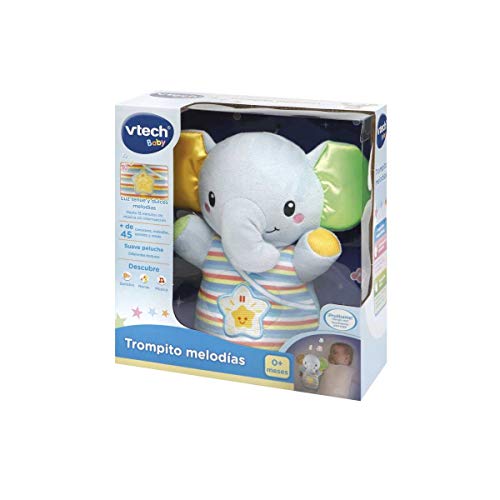 VTech-80-508622 Trompito, Elefante de Peluche para bebé, Musical, luz de Noche, con más de 45 Voces, Canciones y melodías, Color Azul, (3480-508322)