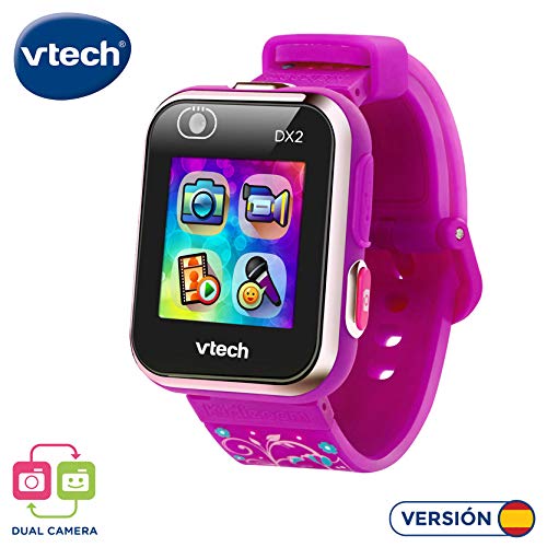 VTech - Kidizoom Smart Watch DX2, Reloj inteligente para niños, doble cámara de fotos, vídeos, juegos, color Morado con flores, Versión ESP (80-193837)