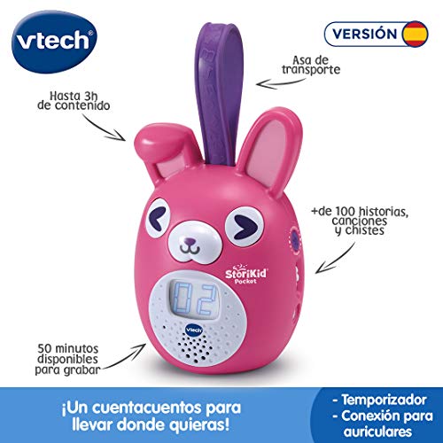 VTech StoriKid Pocket, cuentacuentos portátil para acompañar al bebé en Cualquier Lugar, Juguete +6 Meses, Graba Tus Propios Cuentos, Temporizador, Versión ESP, Color Rosa (3480-613757)