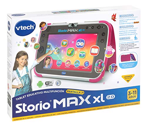 VTech - Storio Max XL 2.0, Tablet educativo multifunción 7", especialmente diseñado para niños, cámara 180º para fotos y selfies, vídeos, juegos, cine, historias, color rosa, versión ESP (80-194657)