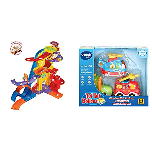 VTech - Superpista Looping TutTut Bólidos, Playset Interactivo + TutTut Bólidos Pack de 3 Coches con botón Sorpresa, Piero el camión de Bomberos, Víctor el Tractor y Mateo el helicóptero