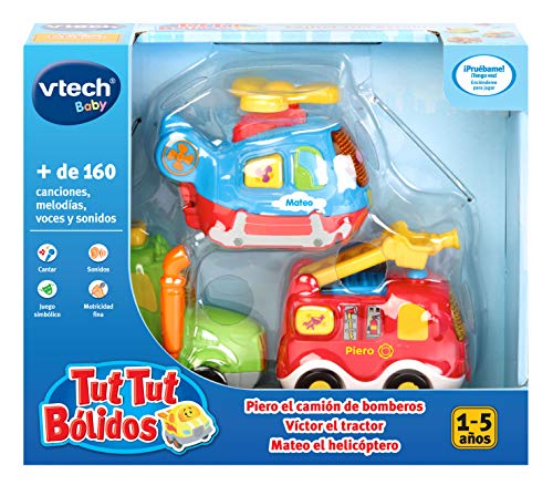 VTech - Superpista Looping TutTut Bólidos, Playset Interactivo + TutTut Bólidos Pack de 3 Coches con botón Sorpresa, Piero el camión de Bomberos, Víctor el Tractor y Mateo el helicóptero