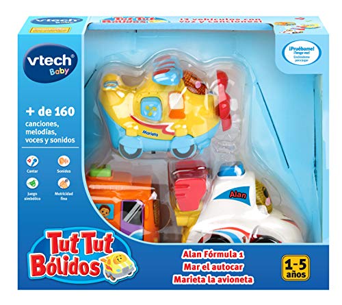 VTech TutTut Bólidos Pack de 3 coches con botón sorpresa, Alan fórmula 1, Mar el autocar y Marieta la avioneta, multicolor (3480-242177) , color/modelo surtido