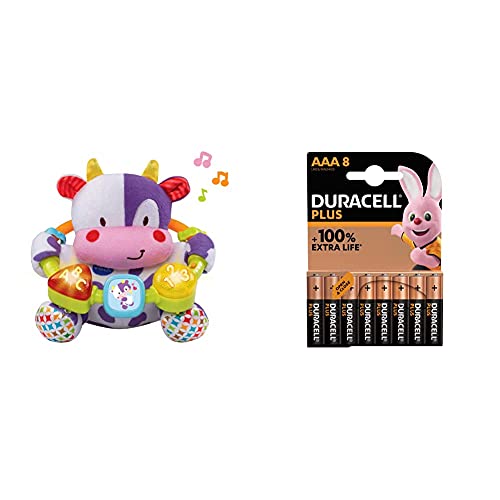 VTech- Vaca muusical Peluche Interactivo de Bebe con Suaves, Multicolor, única (3480-166022) + Duracell - Nuevo Pilas alcalinas Plus AAA , 1.5 Voltios LR03 MN2400, Paquete de 8