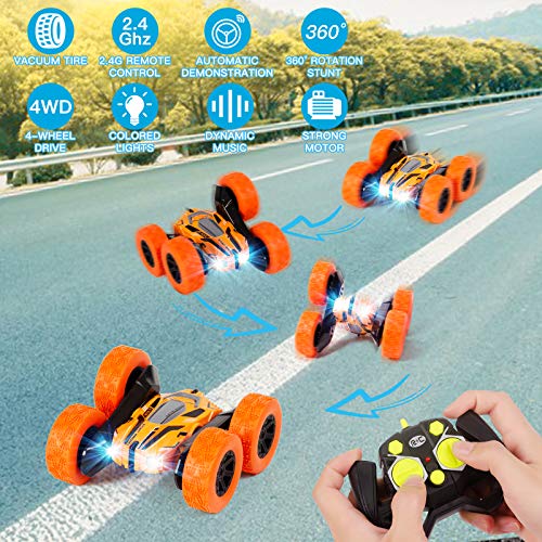 Vubkkty Coche de control remoto para niños, 4WD RC Stunt Car Toys, 360°Flips de doble cara giratoria vehículos con faros afilados, 2.4GHz Off-Road Toy Cars Regalo de cumpleaños para niños naranja