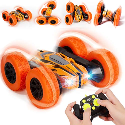 Vubkkty Coche de control remoto para niños, 4WD RC Stunt Car Toys, 360°Flips de doble cara giratoria vehículos con faros afilados, 2.4GHz Off-Road Toy Cars Regalo de cumpleaños para niños naranja