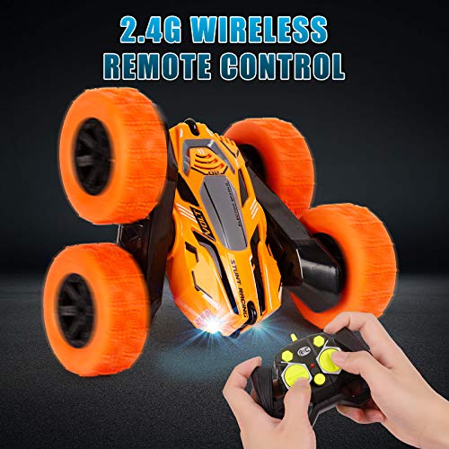 Vubkkty Coche de control remoto para niños, 4WD RC Stunt Car Toys, 360°Flips de doble cara giratoria vehículos con faros afilados, 2.4GHz Off-Road Toy Cars Regalo de cumpleaños para niños naranja