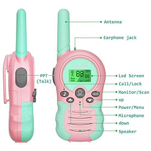 Walkie Talkies para niños, Juguetes para niñas de 3 a 12 años, 8 Canales, escaneo VOX, Rango de 3 km para Aventuras al Aire Libre, Camping, Senderismo, 2 Unidades (Rosa)