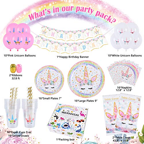 WERNNSAI Conjunto de Suministros de Fiesta de Unicornio - Cumpleaños para Niñas Mantel Platos Servilletas Pancartas Globos Tazas Sirve a 16 Invitados 105 Piezas