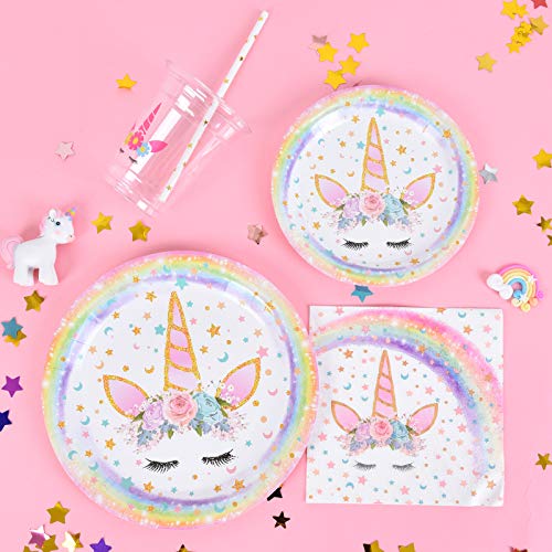 WERNNSAI Conjunto de Suministros de Fiesta de Unicornio - Cumpleaños para Niñas Mantel Platos Servilletas Pancartas Globos Tazas Sirve a 16 Invitados 105 Piezas