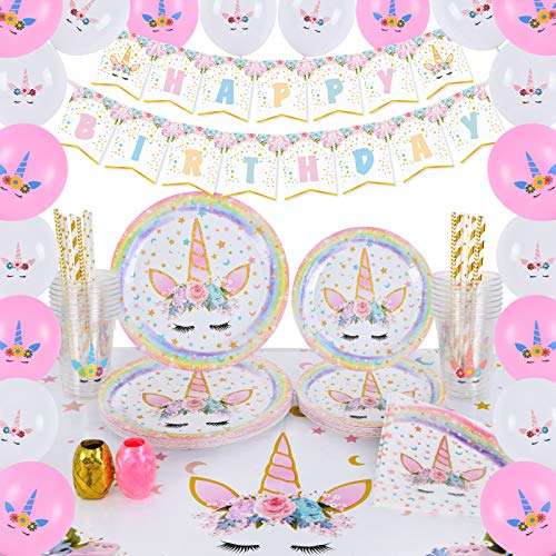 WERNNSAI Conjunto de Suministros de Fiesta de Unicornio - Cumpleaños para Niñas Mantel Platos Servilletas Pancartas Globos Tazas Sirve a 16 Invitados 105 Piezas