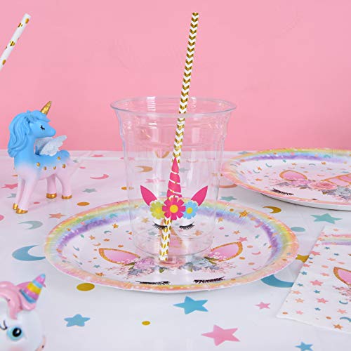 WERNNSAI Conjunto de Suministros de Fiesta de Unicornio - Cumpleaños para Niñas Mantel Platos Servilletas Pancartas Globos Tazas Sirve a 16 Invitados 105 Piezas