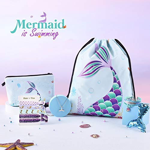 WERNNSAI Mochila Con Cordón de Sirena - regalos de Sirena Para Niñas Cumpleaños Navidad 9 Piezas Bolsas Con Cordón Incluye Bolsa de Maquillaje Llavero Collar Pulsera Cintas Para El Cabello