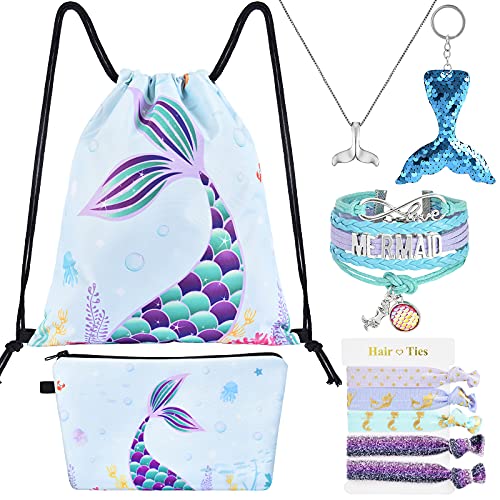 WERNNSAI Mochila Con Cordón de Sirena - regalos de Sirena Para Niñas Cumpleaños Navidad 9 Piezas Bolsas Con Cordón Incluye Bolsa de Maquillaje Llavero Collar Pulsera Cintas Para El Cabello