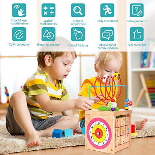 Wesimplelife Juego de Juguetes de Laberinto de Madera Cubo de Actividades Centro de Actividades 6 en 1 Juguete de Madera Laberinto Educativo Regalo para Bebés Niños