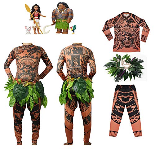 Wide.ling Moana Maui Tattoo Camiseta/Pantalones Adultos Hombres Mujeres Cosplay Disfraz con Hojas Falda (Marrón, Baby 110cm)