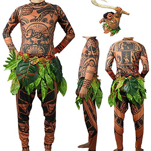 Wide.ling Moana Maui Tattoo Camiseta/Pantalones Adultos Hombres Mujeres Cosplay Disfraz con Hojas Falda (Marrón, Baby 110cm)