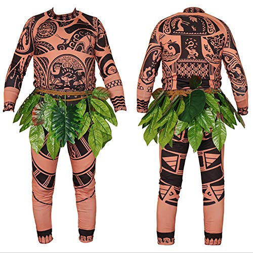 Wide.ling Moana Maui Tattoo Camiseta/Pantalones Adultos Hombres Mujeres Cosplay Disfraz con Hojas Falda (Marrón, Baby 110cm)