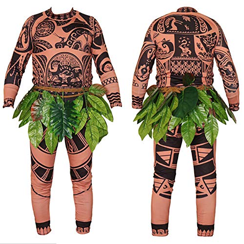 Wide.ling Moana Maui Tattoo Camiseta/Pantalones Adultos Hombres Mujeres Cosplay Disfraz con Hojas Falda (Marrón, Baby 110cm)