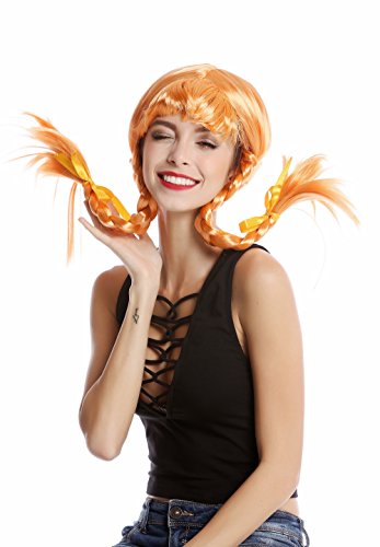 WIG ME UP- DDH-T8175-PC21 Peluca Mujer Carnaval Halloween Chica atrevida Naranja roja Flequillo 2 Trenzas Trenzado