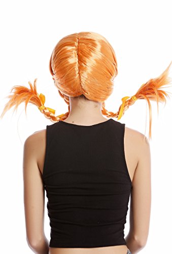 WIG ME UP- DDH-T8175-PC21 Peluca Mujer Carnaval Halloween Chica atrevida Naranja roja Flequillo 2 Trenzas Trenzado