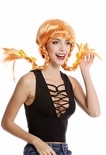 WIG ME UP- DDH-T8175-PC21 Peluca Mujer Carnaval Halloween Chica atrevida Naranja roja Flequillo 2 Trenzas Trenzado