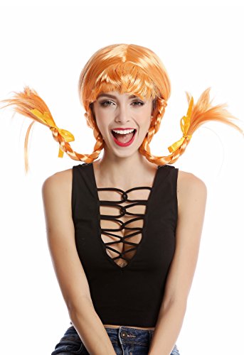 WIG ME UP- DDH-T8175-PC21 Peluca Mujer Carnaval Halloween Chica atrevida Naranja roja Flequillo 2 Trenzas Trenzado