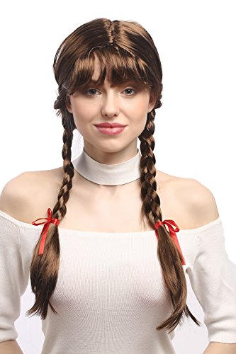 WIG ME UP- XR-008-P6 Peluca Mujeres Carnaval Cosplay Larga Trenzas con Cintas Trenzadas Flequillo Colegiala Lolita Moreno 60 cm