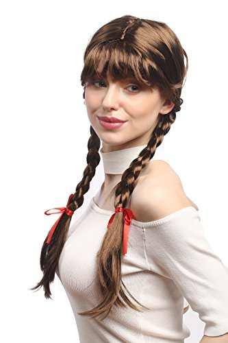 WIG ME UP- XR-008-P6 Peluca Mujeres Carnaval Cosplay Larga Trenzas con Cintas Trenzadas Flequillo Colegiala Lolita Moreno 60 cm