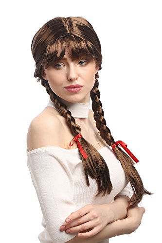 WIG ME UP- XR-008-P6 Peluca Mujeres Carnaval Cosplay Larga Trenzas con Cintas Trenzadas Flequillo Colegiala Lolita Moreno 60 cm