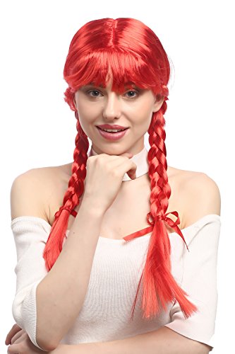 WIG ME UP- XR-008-PC13 Peluca Mujeres Carnaval Cosplay Larga Trenzas con Cintas Trenzadas Flequillo Colegiala Lolita roja 60 cm