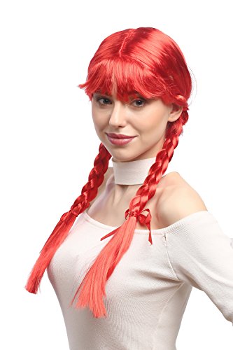 WIG ME UP- XR-008-PC13 Peluca Mujeres Carnaval Cosplay Larga Trenzas con Cintas Trenzadas Flequillo Colegiala Lolita roja 60 cm