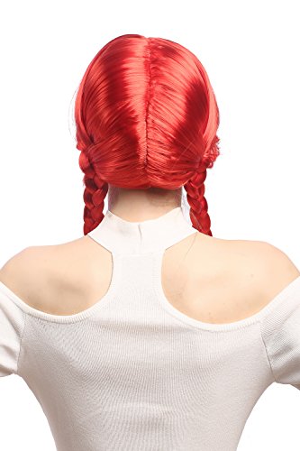 WIG ME UP- XR-008-PC13 Peluca Mujeres Carnaval Cosplay Larga Trenzas con Cintas Trenzadas Flequillo Colegiala Lolita roja 60 cm