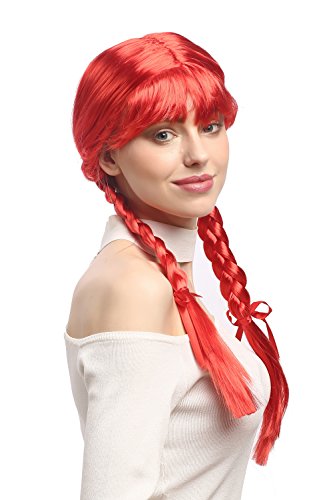 WIG ME UP- XR-008-PC13 Peluca Mujeres Carnaval Cosplay Larga Trenzas con Cintas Trenzadas Flequillo Colegiala Lolita roja 60 cm