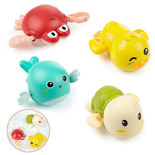 WolinTek 4 Piezas Juguetes de Baño para Bebés,Tortuga de Natación de Aparato de Relojería, Niños Juguete de Baño Tortuga Animal Juguete de Beñera para Bebé y Niñas