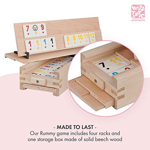 WOODTASTIC Set de Rummy Medias - 106 Fichas Numerada y una Caja de Almacenamiento Hechos de Madera Sólida