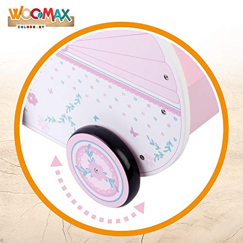 WOOMAX - Carrito de madera para muñecas WOOMAX, 26,5x39x46 cm, rosa y blanco, con ruedas, para muñecos de 30-40, carrito bebe juguetes 3 años, cochecitos para muñecos (46475)