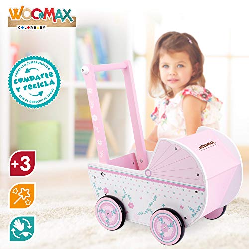 WOOMAX - Carrito de madera para muñecas WOOMAX, 26,5x39x46 cm, rosa y blanco, con ruedas, para muñecos de 30-40, carrito bebe juguetes 3 años, cochecitos para muñecos (46475)