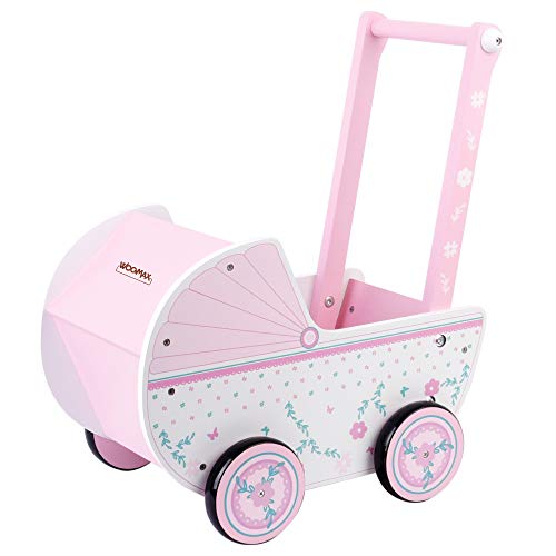 WOOMAX - Carrito de madera para muñecas WOOMAX, 26,5x39x46 cm, rosa y blanco, con ruedas, para muñecos de 30-40, carrito bebe juguetes 3 años, cochecitos para muñecos (46475)