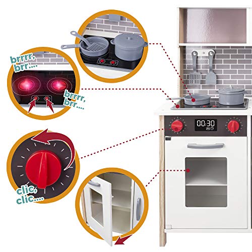 WOOMAX - Cocina juguete de madera con accesorios, utensilios de cocina, por niños 3 años, juguete Luz y Sonidos, juguete moderna, color blanco