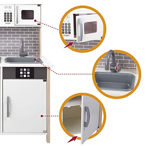 WOOMAX - Cocina juguete de madera con accesorios, utensilios de cocina, por niños 3 años, juguete Luz y Sonidos, juguete moderna, color blanco