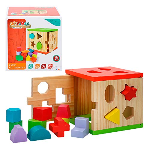 WOOMAX Cubo actividades de madera 14 piezas, multicolor (Colorbaby 42139)