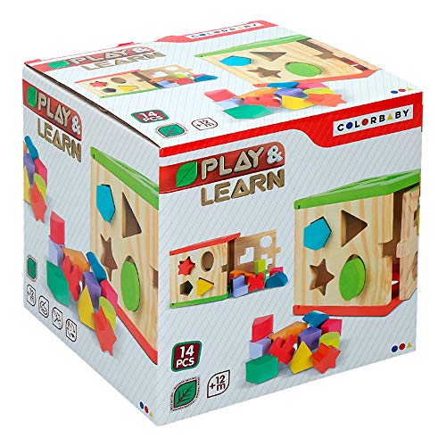 WOOMAX Cubo actividades de madera 14 piezas, multicolor (Colorbaby 42139)