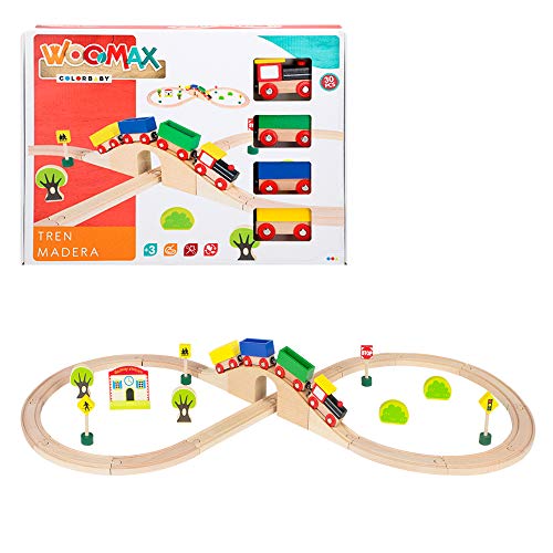 WOOMAX-Tren de madera y vías 30 piezas, (ColorBaby 43629)