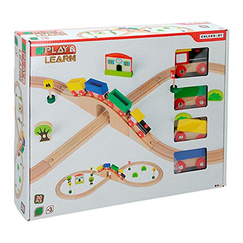 WOOMAX-Tren de madera y vías 30 piezas, (ColorBaby 43629)