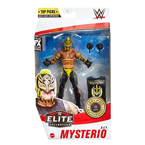 WWE Élite Figura Rey Mysterio, muñeco articulado de juguete con accesorios (Mattel GVC01)